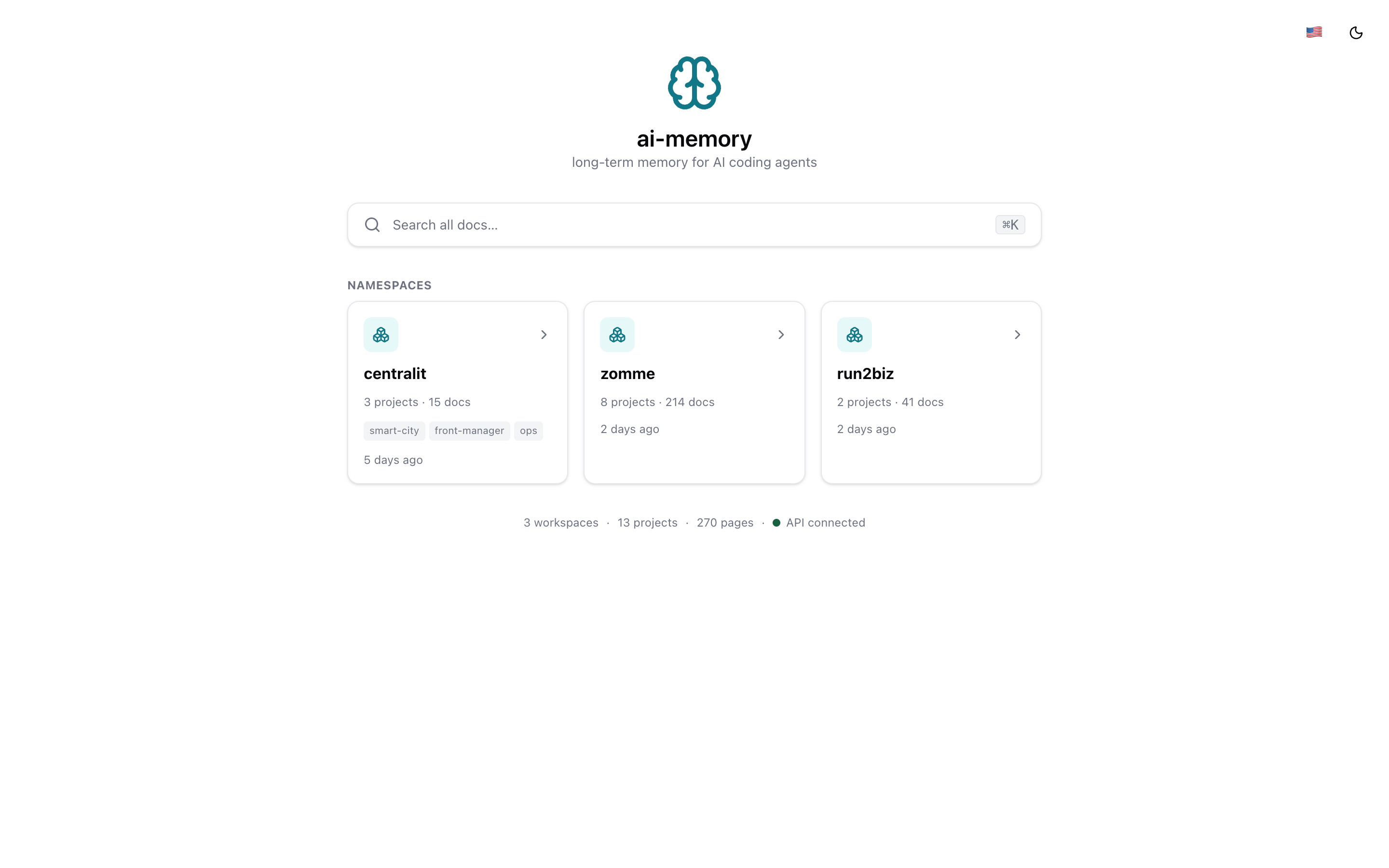 Home — every workspace and namespace at a glance