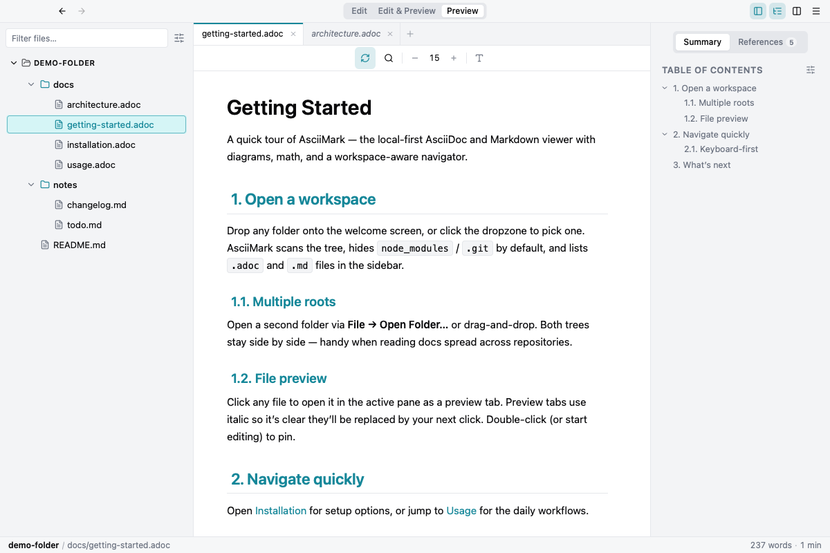 Workspace do Markdraw com sidebar, abas e sumário