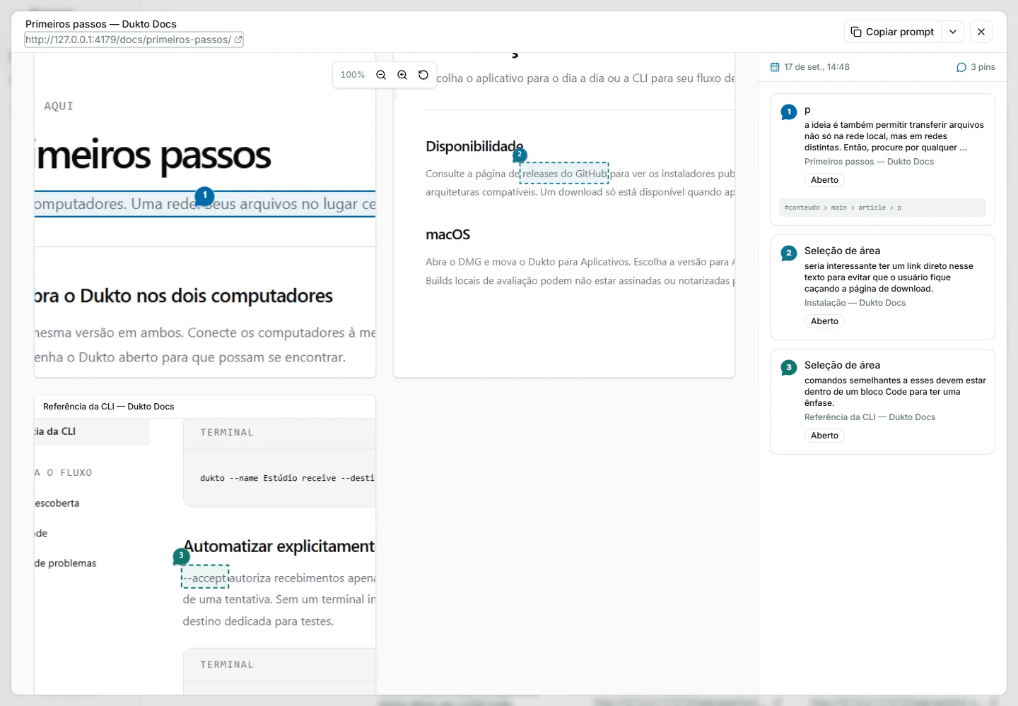 Visualizador da sessão, com a página e todos os pins