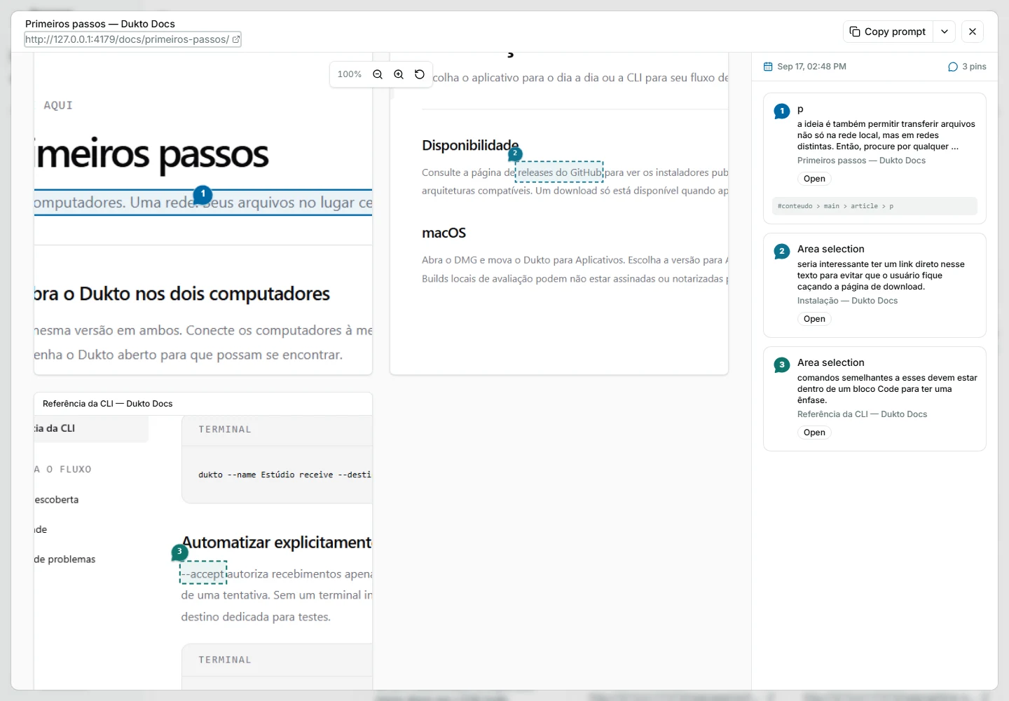Session viewer with the page and every pin