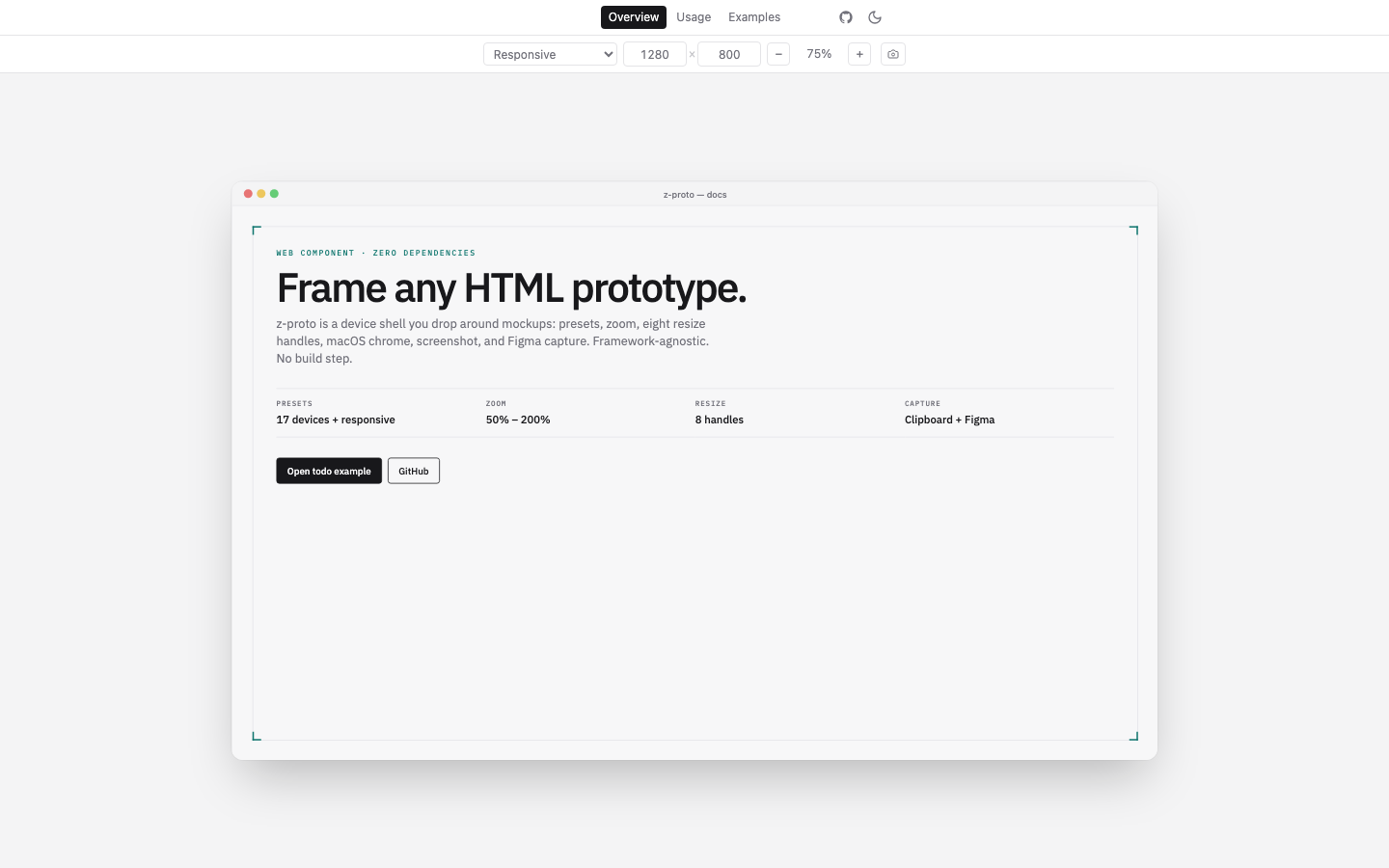 Z-Proto framing the docs site