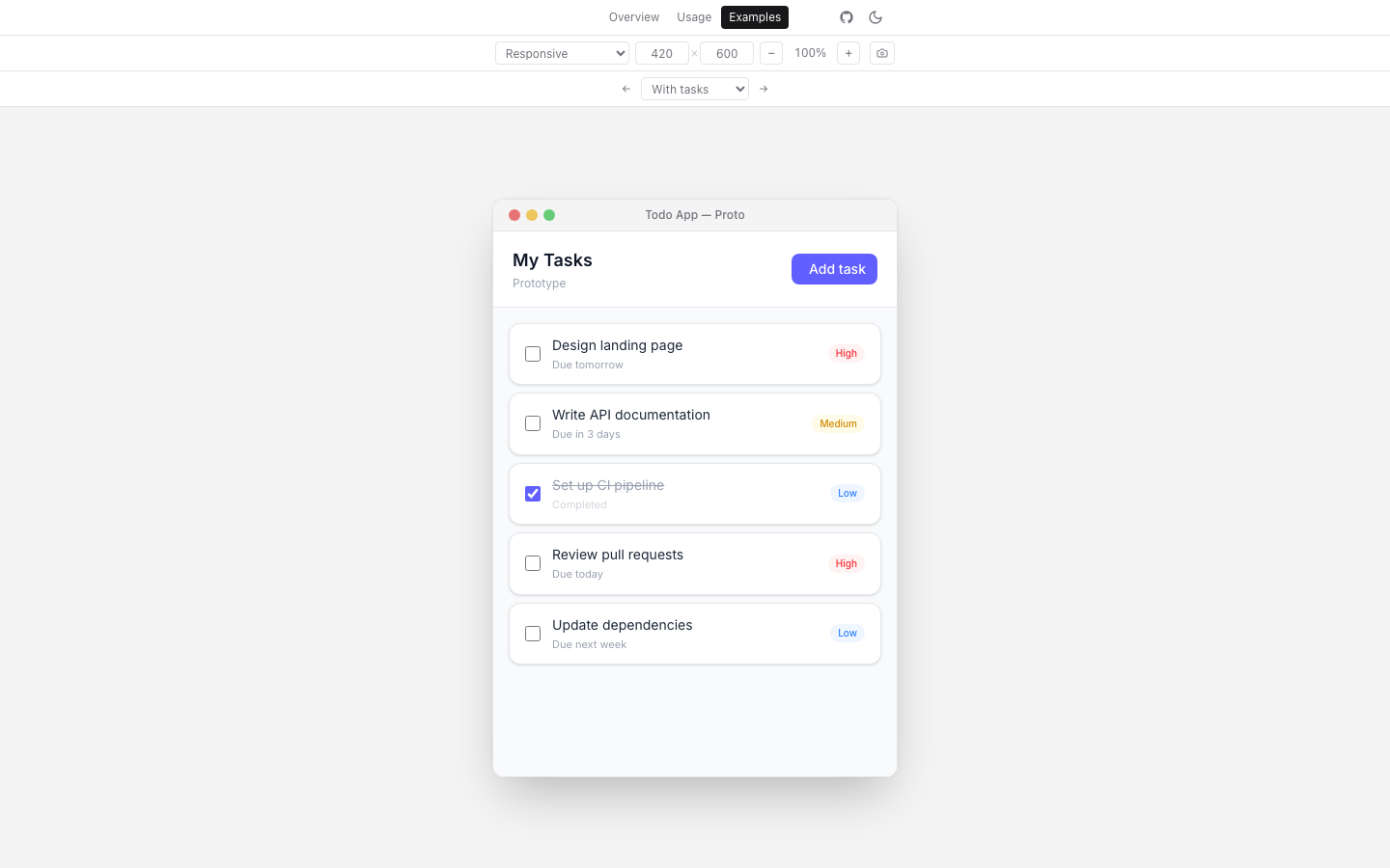 Todo prototype with sample tasks